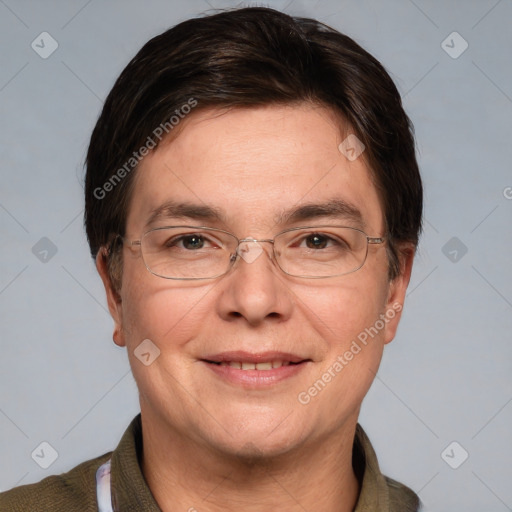 Joyful white adult male with short  brown hair and grey eyes