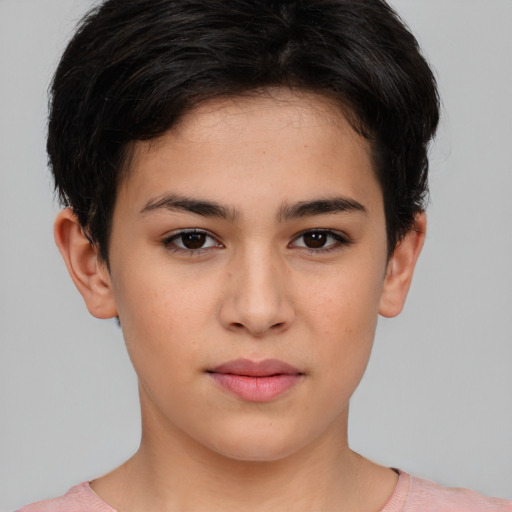 Neutral white young-adult female with short  brown hair and brown eyes