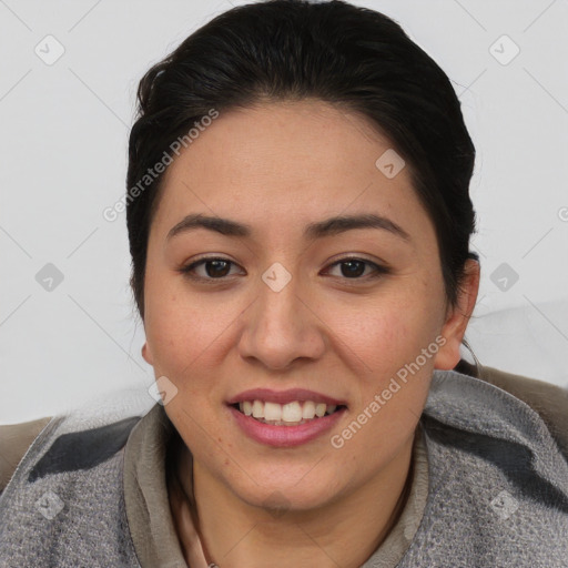 Joyful asian young-adult female with medium  brown hair and brown eyes