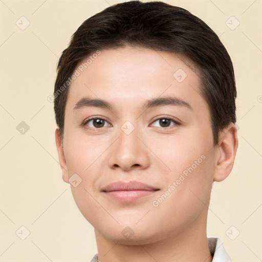 Joyful white young-adult male with short  brown hair and brown eyes