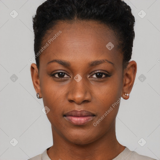 Neutral black young-adult female with short  black hair and brown eyes