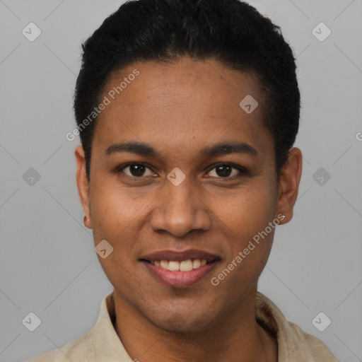 Joyful latino young-adult male with short  black hair and brown eyes