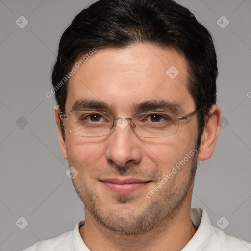 Joyful white adult male with short  brown hair and brown eyes