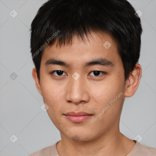 Neutral asian young-adult male with short  brown hair and brown eyes