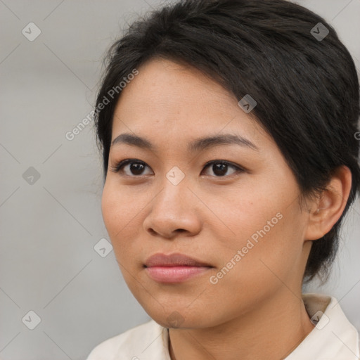 Neutral asian young-adult female with medium  brown hair and brown eyes