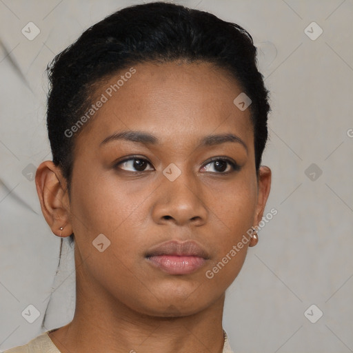 Neutral black young-adult female with short  brown hair and brown eyes