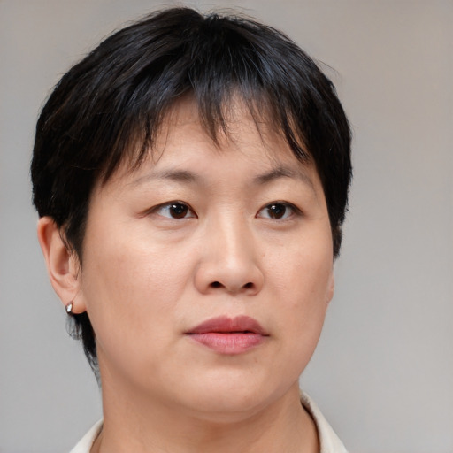 Neutral asian adult female with short  brown hair and brown eyes