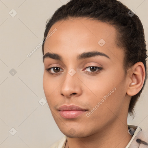 Neutral white young-adult female with short  brown hair and brown eyes