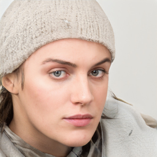 Neutral white young-adult female with medium  brown hair and blue eyes