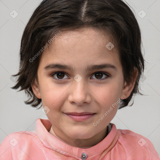 Joyful white child female with medium  brown hair and brown eyes