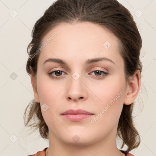 Neutral white young-adult female with medium  brown hair and grey eyes