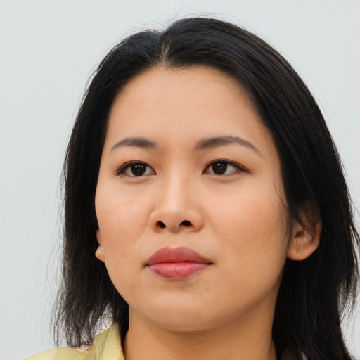 Neutral asian young-adult female with long  black hair and brown eyes
