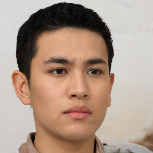 Neutral asian young-adult male with short  black hair and brown eyes