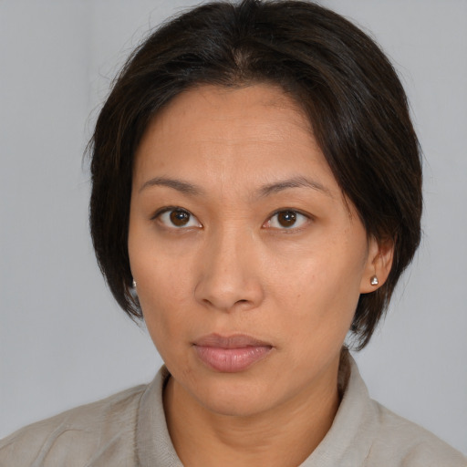 Neutral asian adult female with medium  brown hair and brown eyes