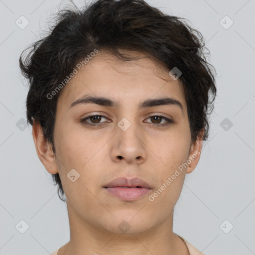 Neutral white young-adult female with short  brown hair and brown eyes