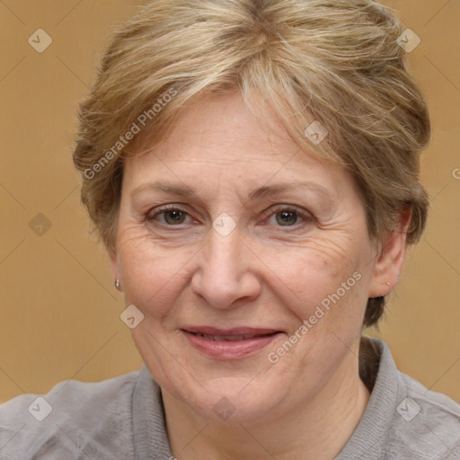 Joyful white middle-aged female with short  brown hair and brown eyes