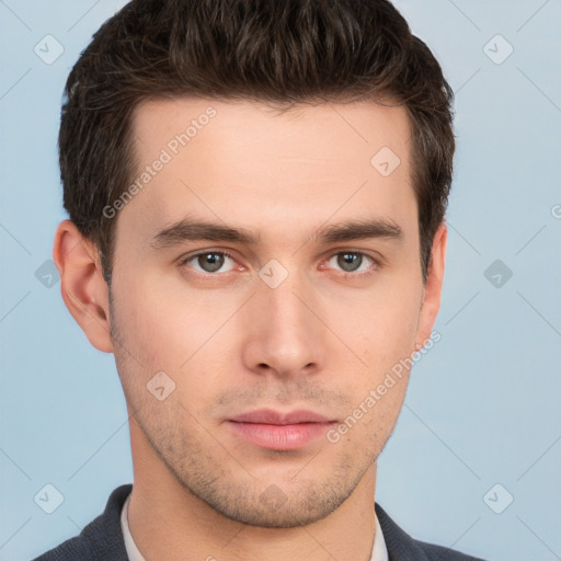 Neutral white young-adult male with short  brown hair and brown eyes