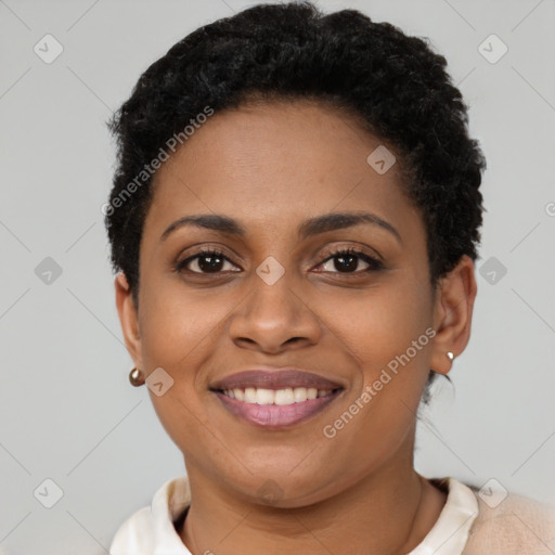 Joyful latino young-adult female with short  brown hair and brown eyes