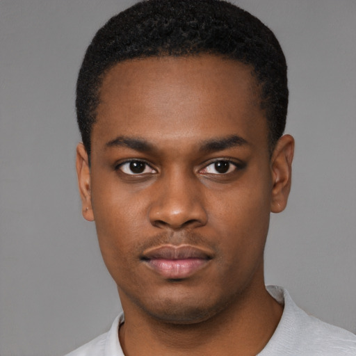 Neutral black young-adult male with short  black hair and brown eyes