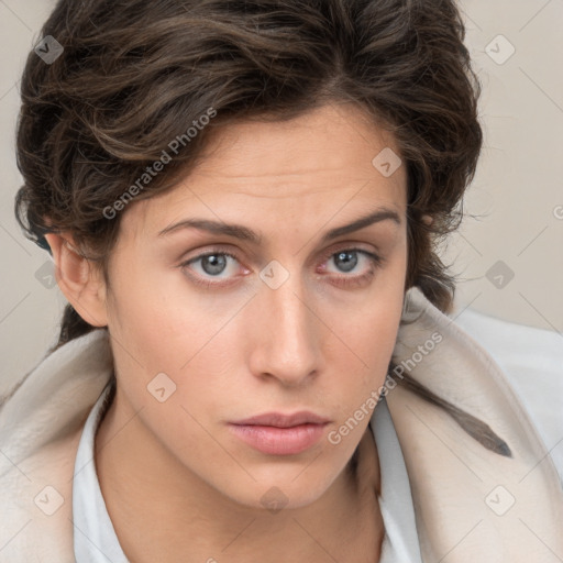 Neutral white young-adult female with medium  brown hair and brown eyes