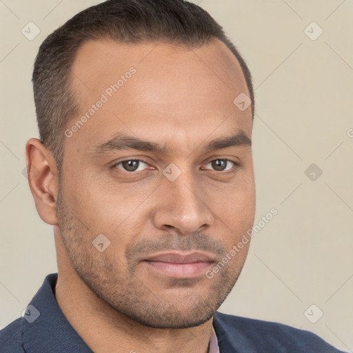 Neutral white young-adult male with short  brown hair and brown eyes