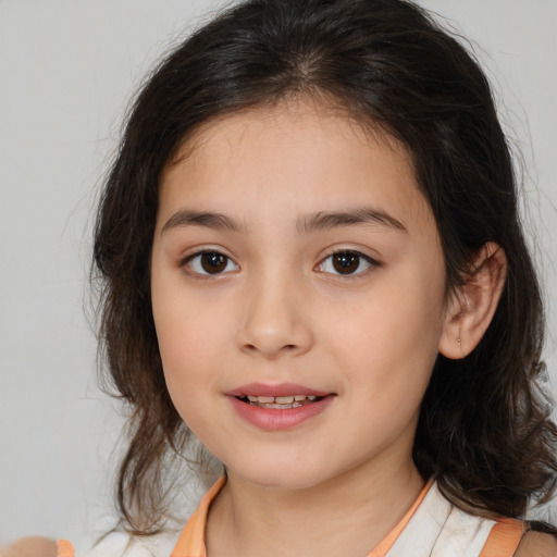 Joyful white child female with medium  brown hair and brown eyes