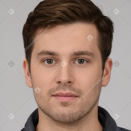 Neutral white young-adult male with short  brown hair and brown eyes