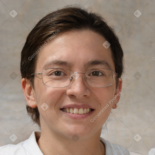 Joyful white adult female with medium  brown hair and brown eyes