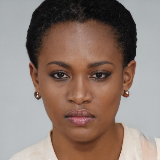 Neutral black young-adult female with short  brown hair and brown eyes