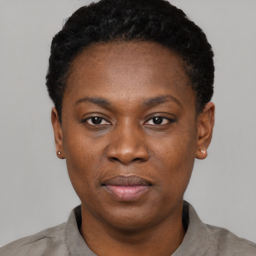 Neutral black young-adult female with short  black hair and brown eyes
