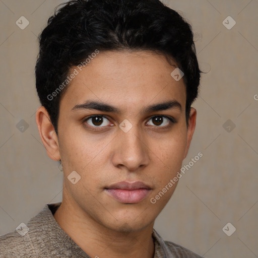 Neutral latino young-adult male with short  brown hair and brown eyes