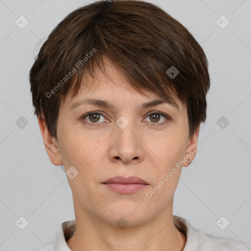 Neutral white young-adult female with short  brown hair and brown eyes