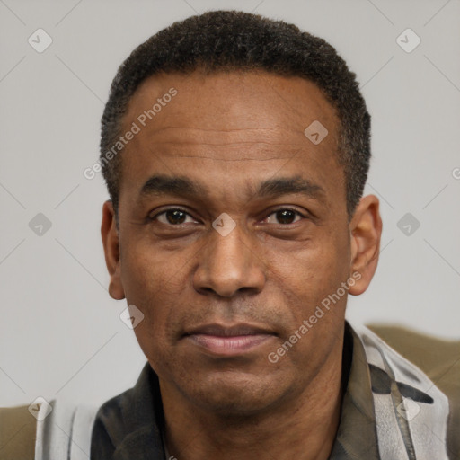 Neutral latino adult male with short  black hair and brown eyes