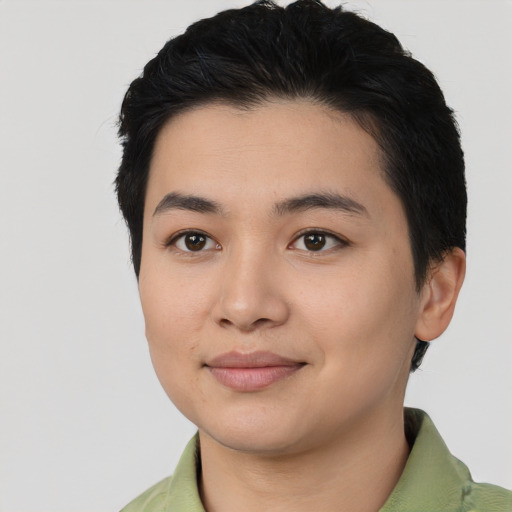 Joyful white young-adult female with short  black hair and brown eyes
