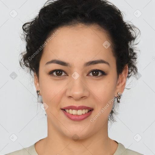 Joyful latino young-adult female with short  brown hair and brown eyes