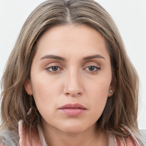 Neutral white young-adult female with long  brown hair and grey eyes