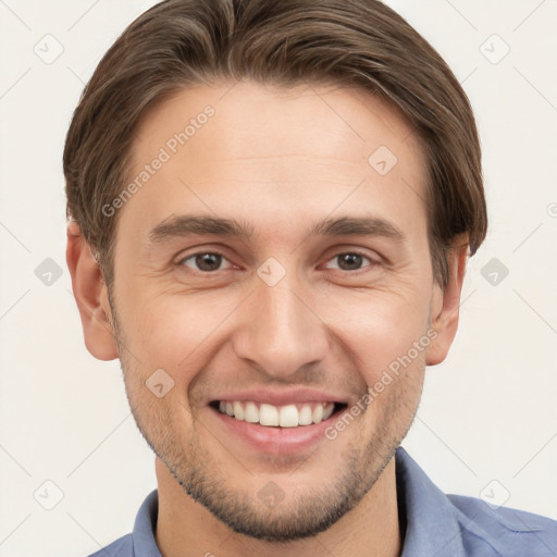 Joyful white young-adult male with short  brown hair and brown eyes