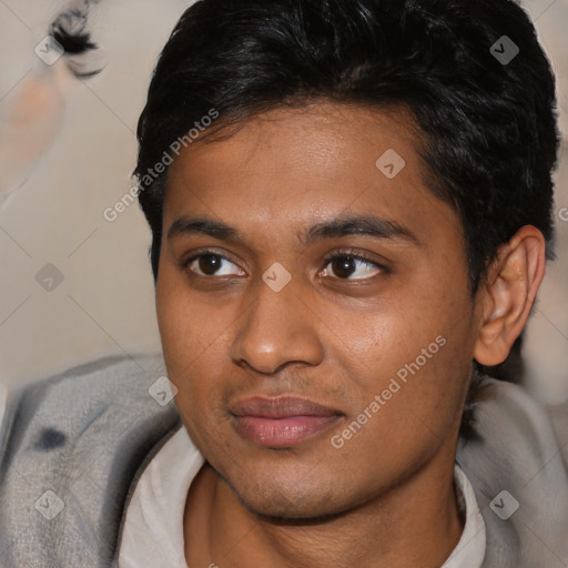 Joyful asian young-adult male with short  black hair and brown eyes