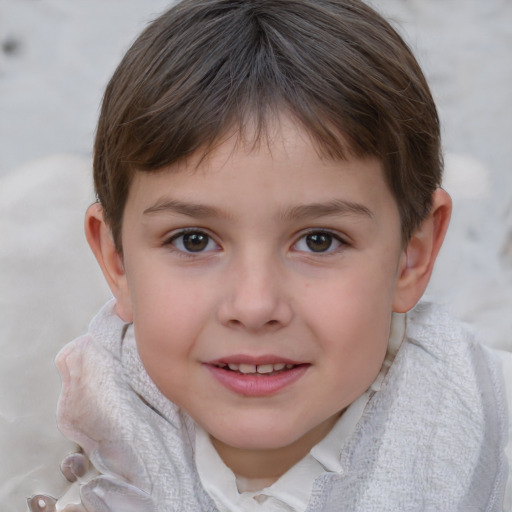 Joyful white child female with short  brown hair and grey eyes