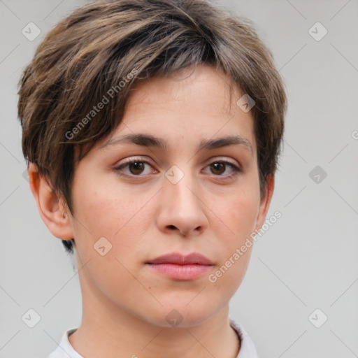 Neutral white young-adult female with short  brown hair and brown eyes