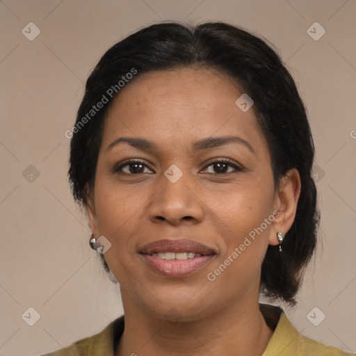Joyful black young-adult female with medium  brown hair and brown eyes