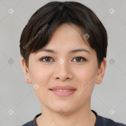 Joyful asian young-adult female with short  brown hair and brown eyes