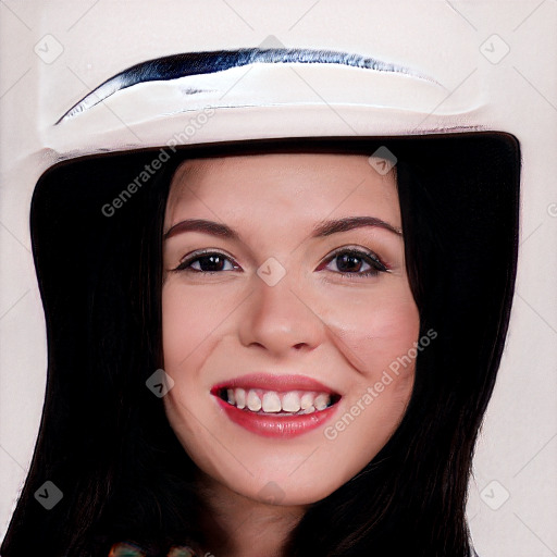 Joyful white young-adult female with long  black hair and brown eyes