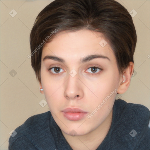 Neutral white young-adult female with short  brown hair and brown eyes