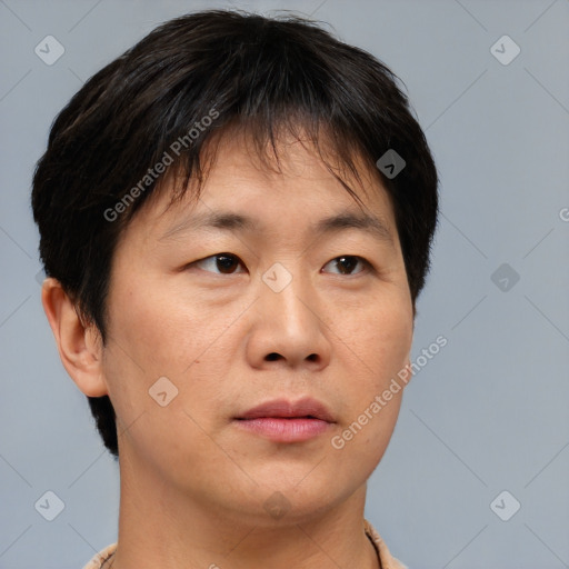 Neutral asian young-adult male with short  brown hair and brown eyes