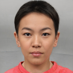 Neutral white young-adult female with short  brown hair and brown eyes