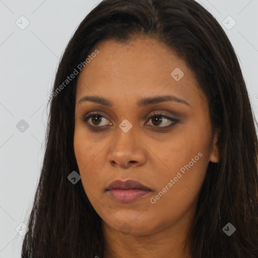 Joyful asian young-adult female with long  brown hair and brown eyes