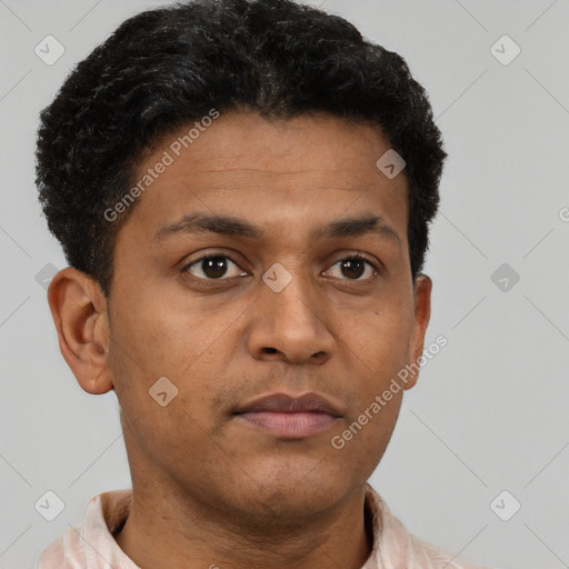 Neutral latino young-adult male with short  black hair and brown eyes