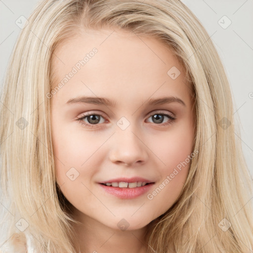 Joyful white child female with long  brown hair and brown eyes