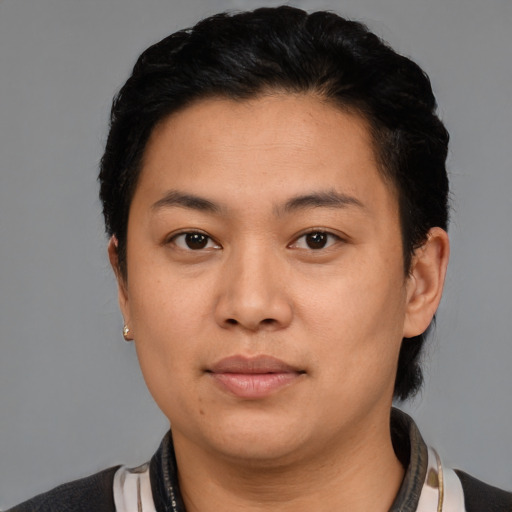 Neutral latino young-adult female with short  black hair and brown eyes